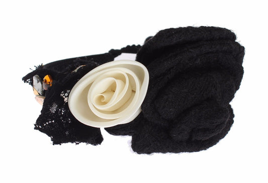 Black lace fabric with white rose embroidery
