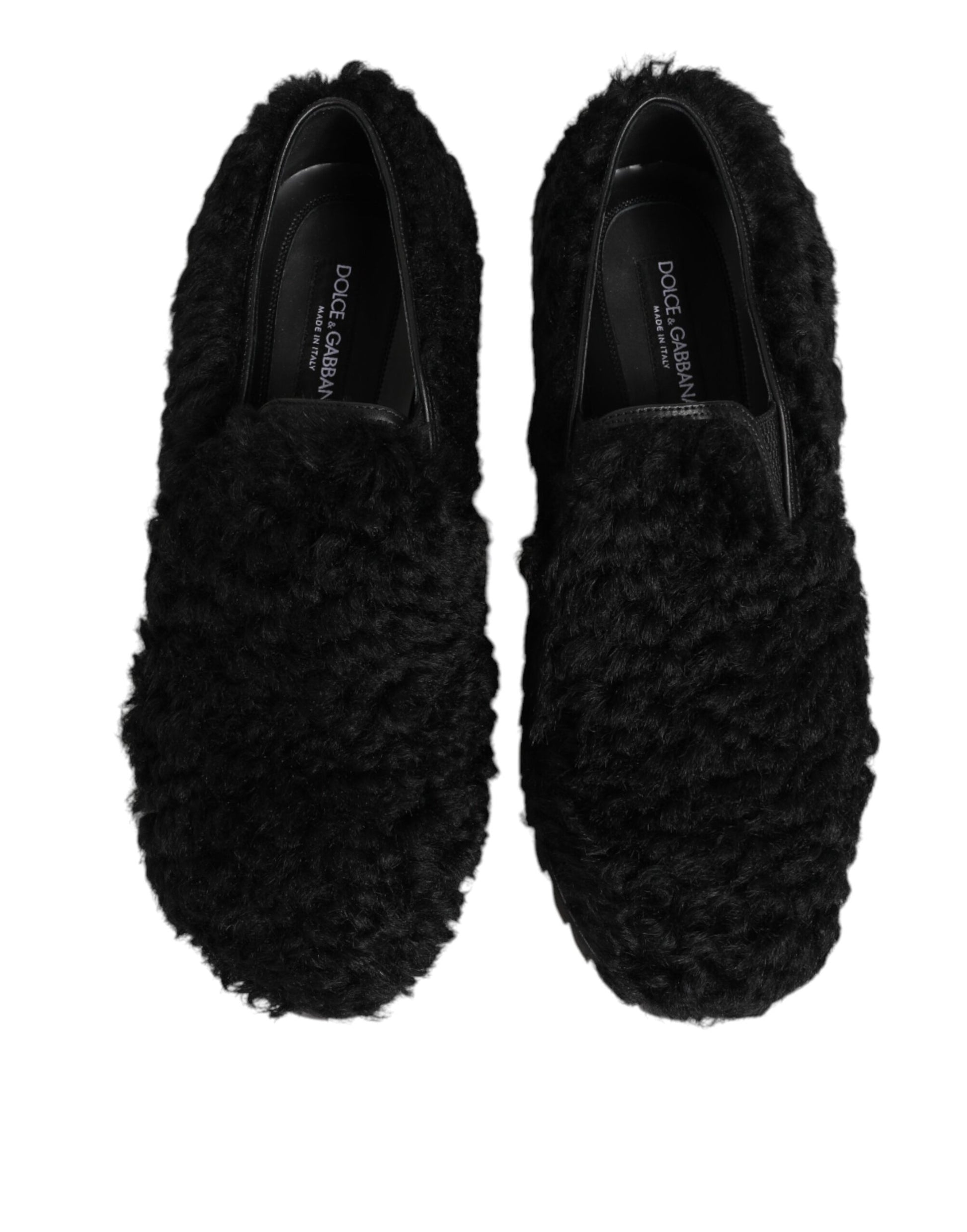 Pair of black fur leather slippers with stripes, designed by Dolce & Gabbana