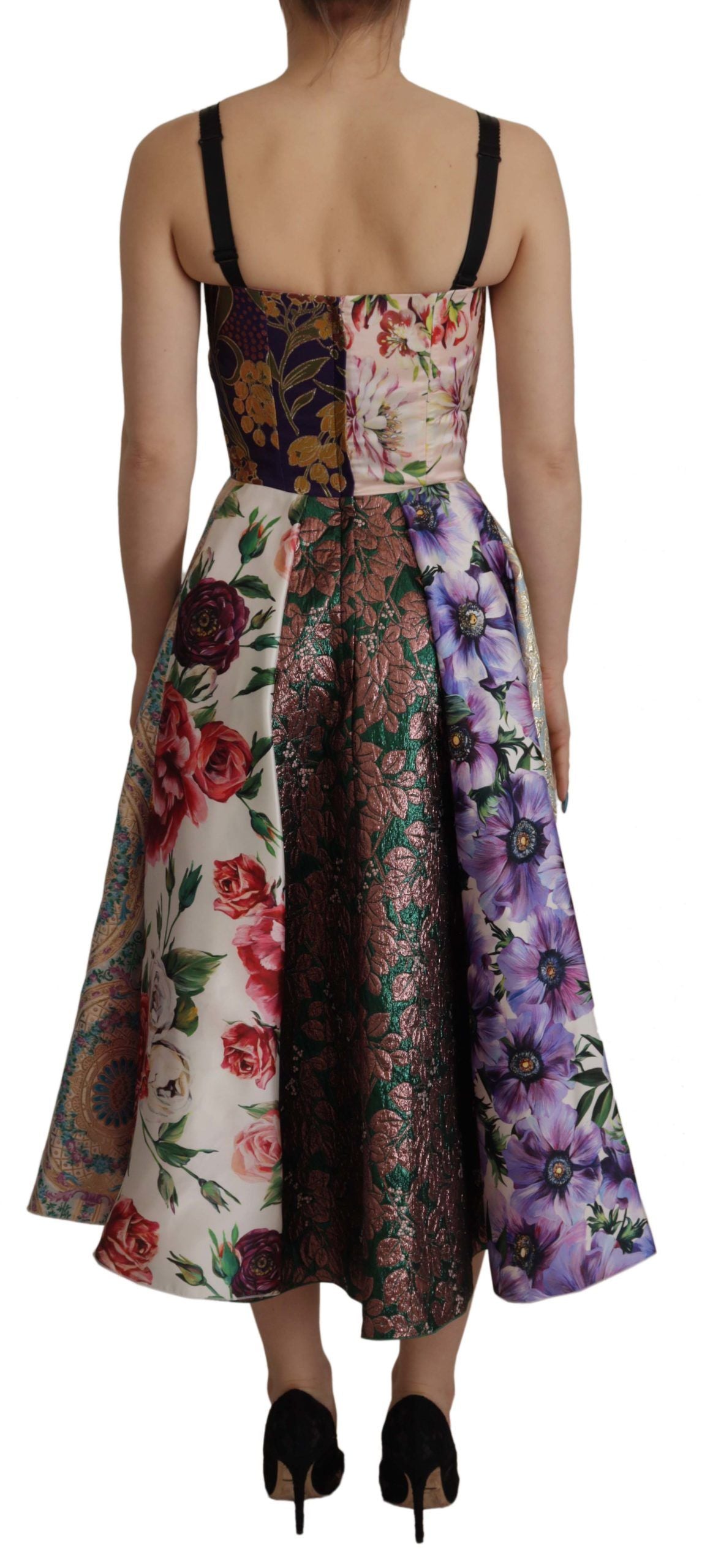 A floral midi dress with patchwork design and silk fabric