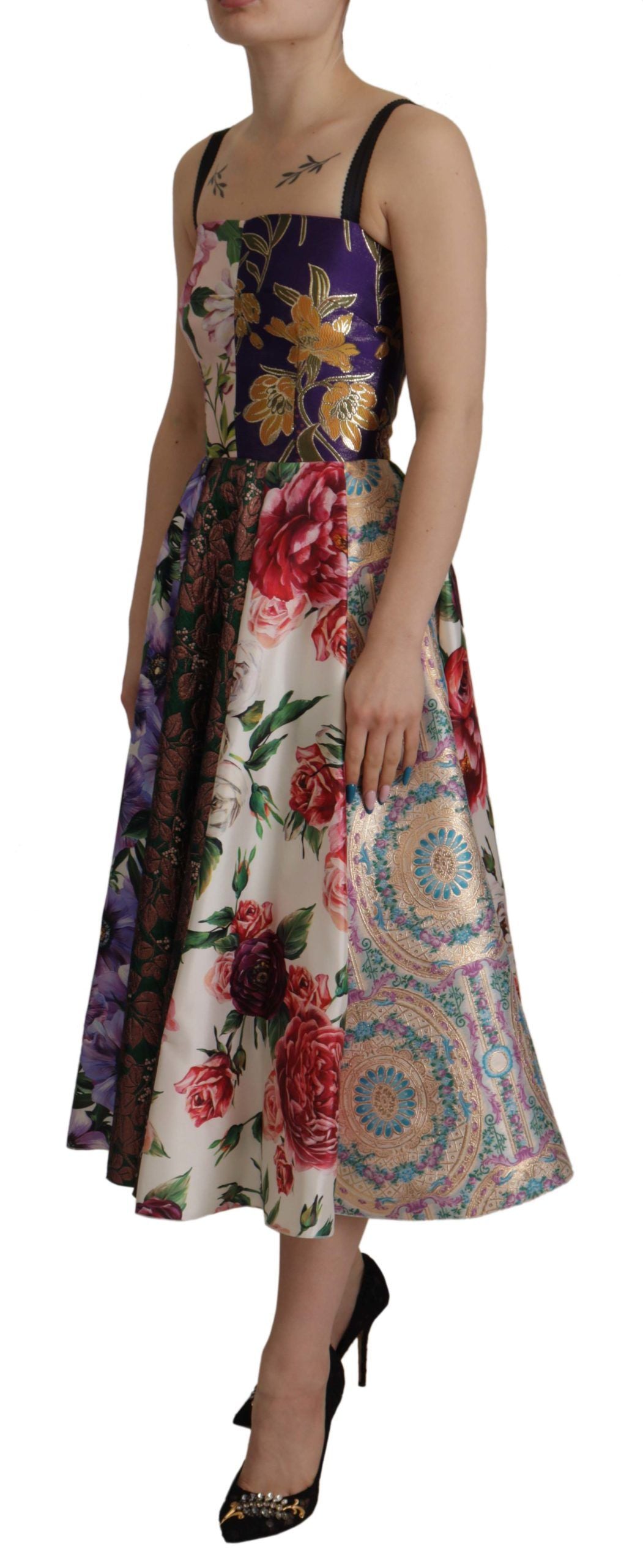 A midi dress with patchwork floral jacquard silk fabric