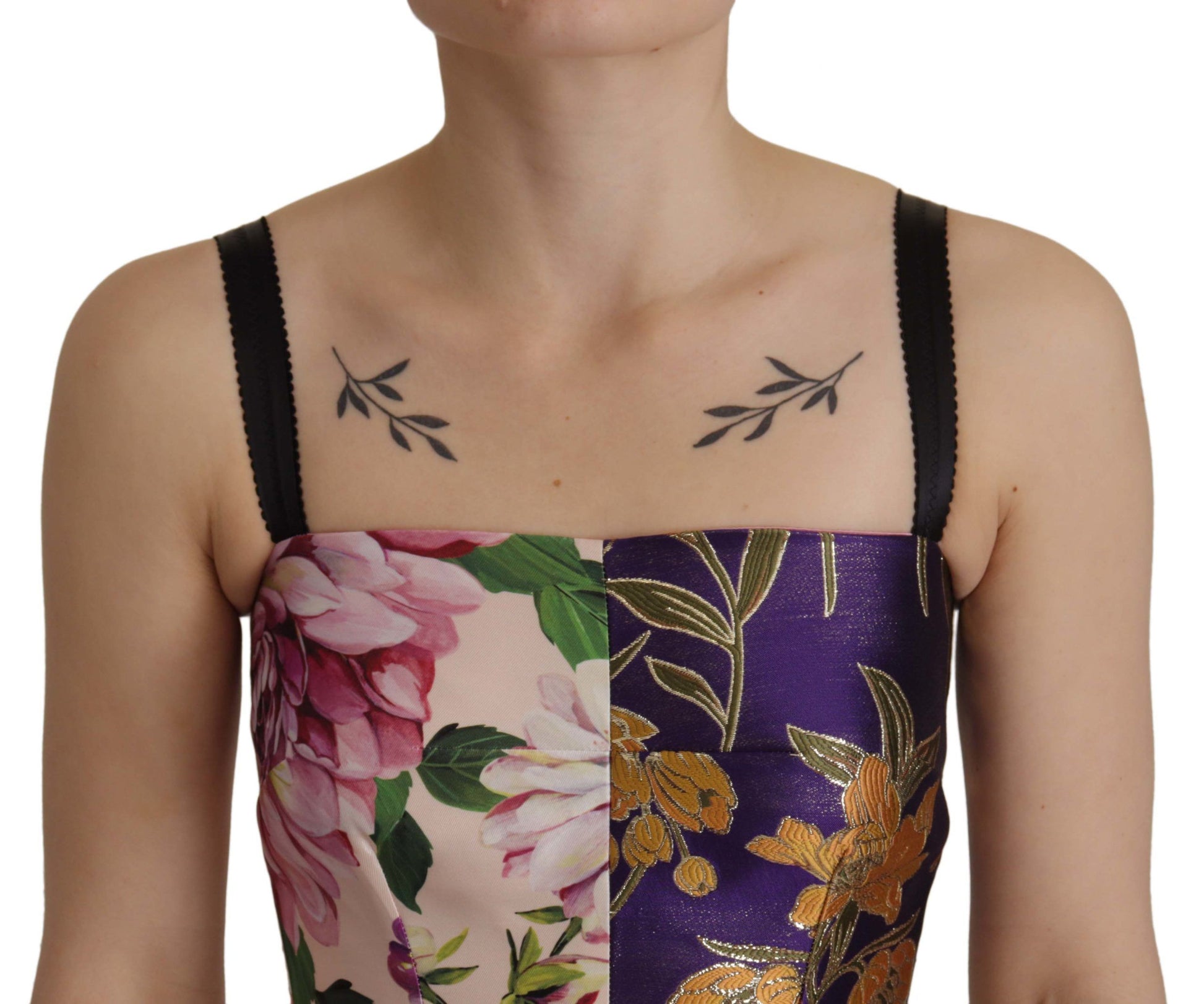 A midi dress with patchwork floral jacquard silk fabric