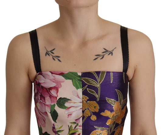 A midi dress with patchwork floral jacquard silk fabric