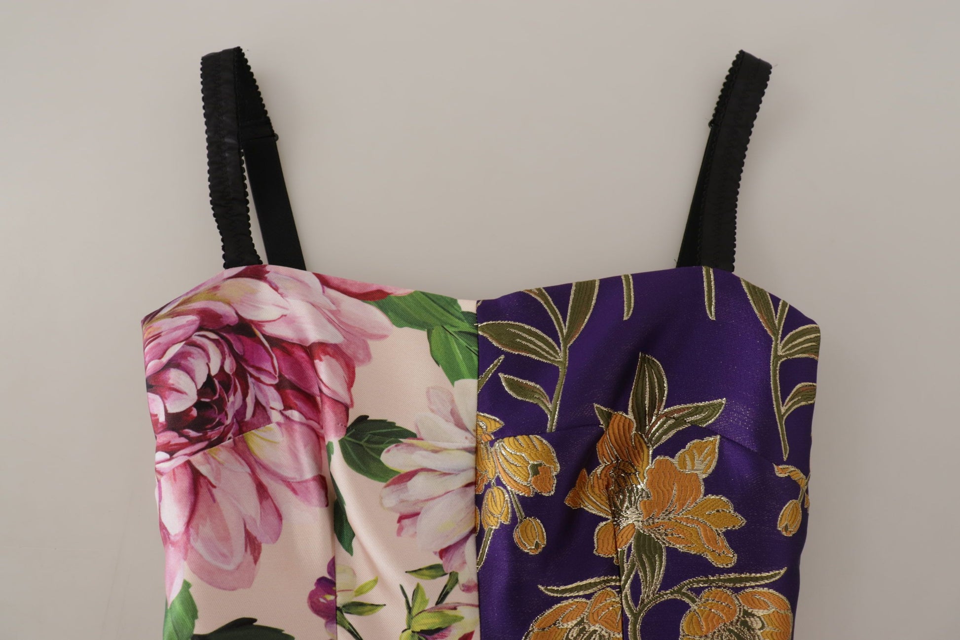 A midi dress with patchwork floral jacquard silk fabric