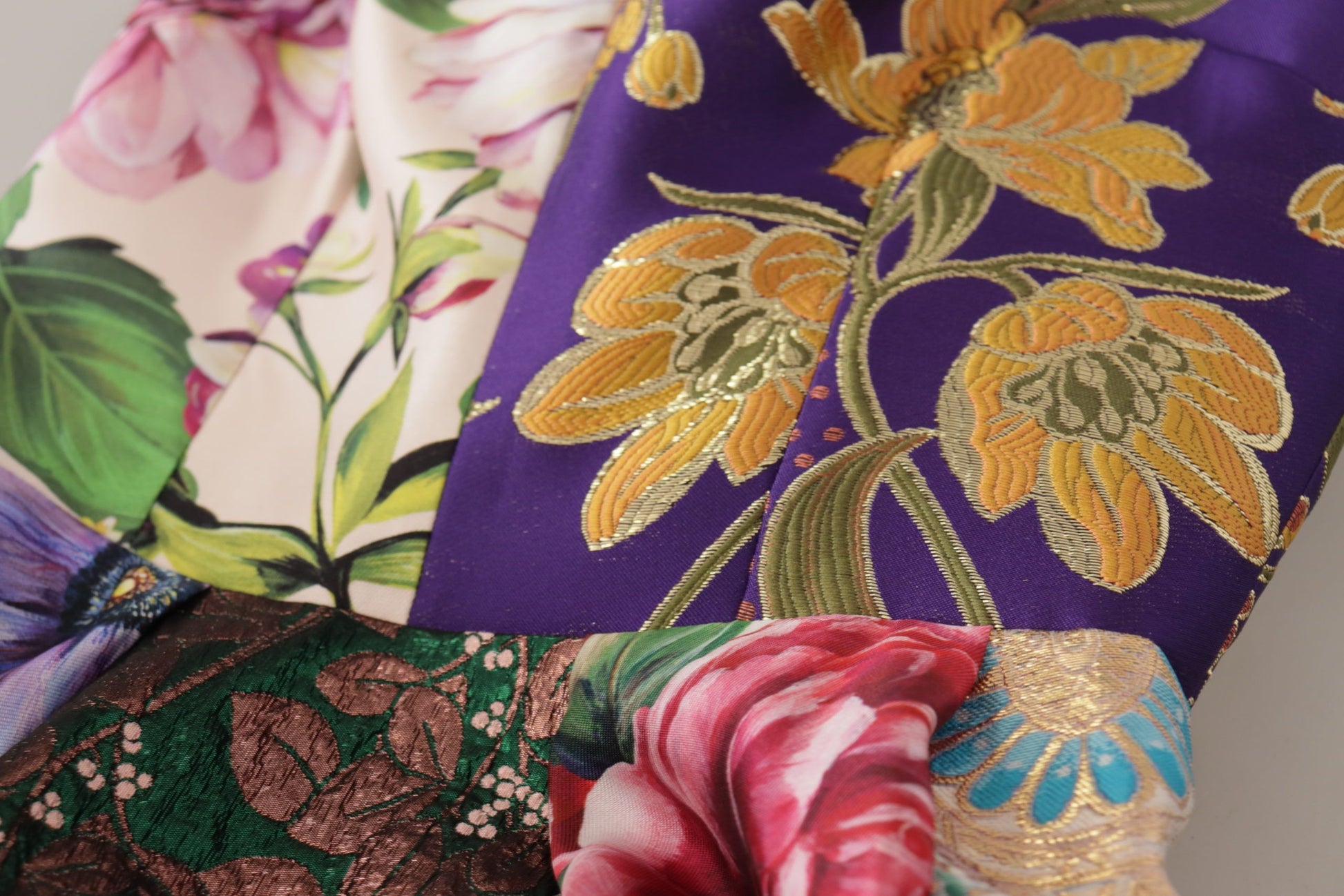 A midi dress with patchwork floral jacquard silk fabric