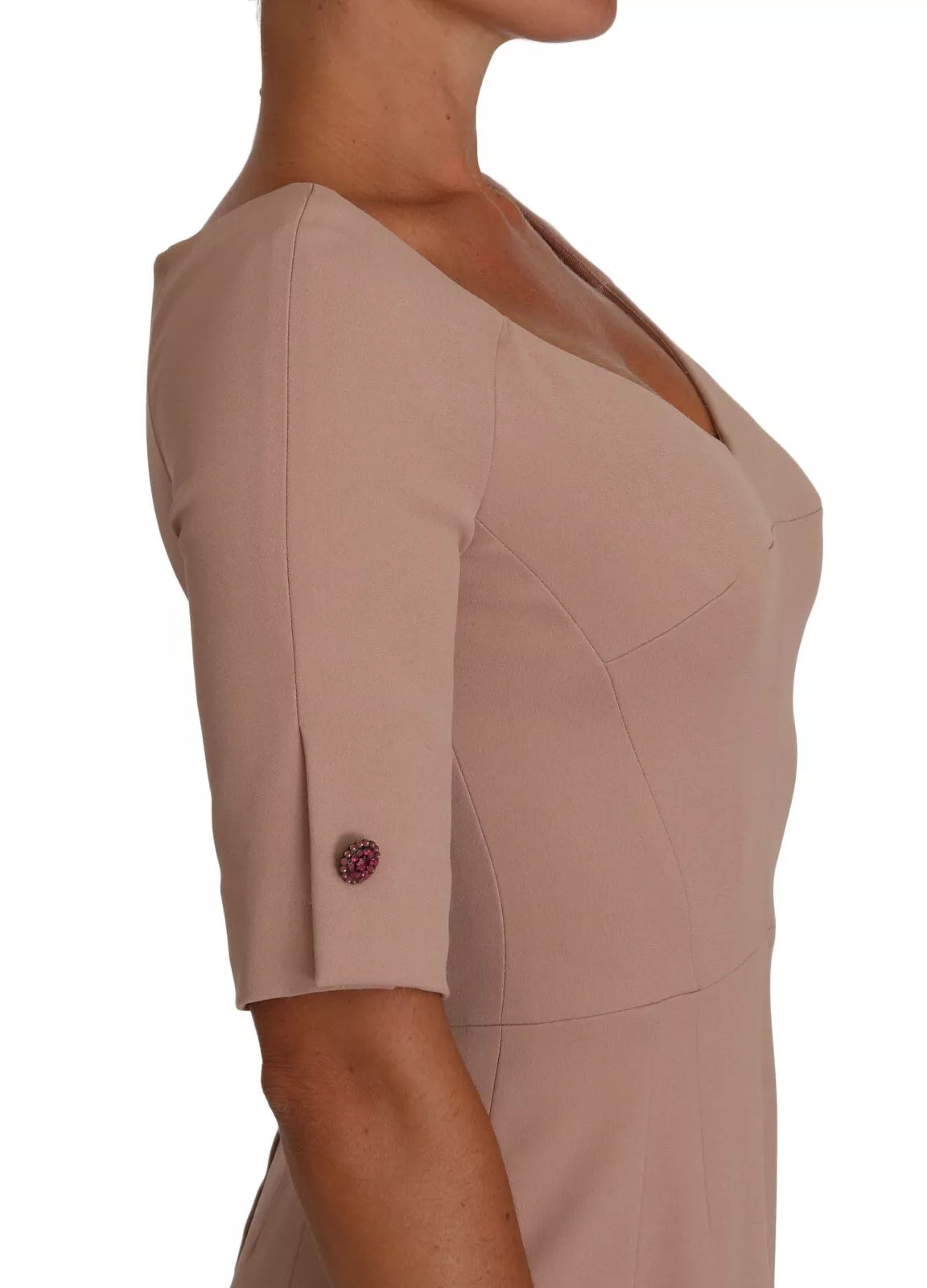 A dusty pink midi sheath dress with crystal buttons from Dolce & Gabbana
