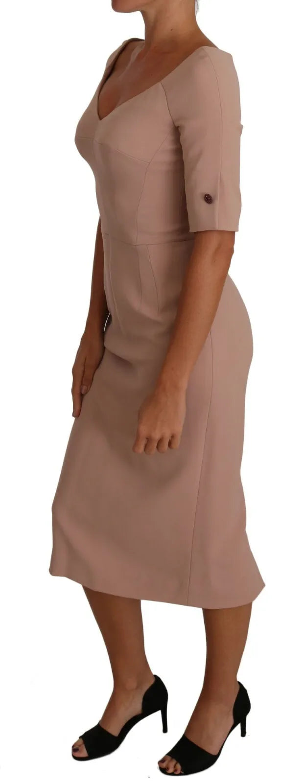 A dusty pink midi sheath dress with crystal buttons from Dolce & Gabbana