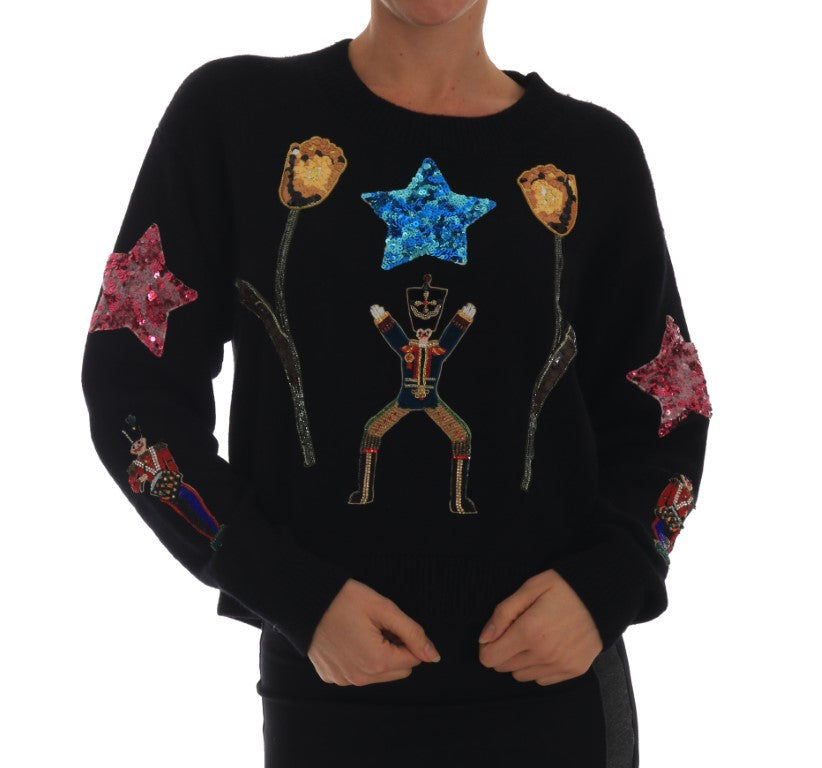Sweater with colorful embroidery featuring stars, a clown, and balloons