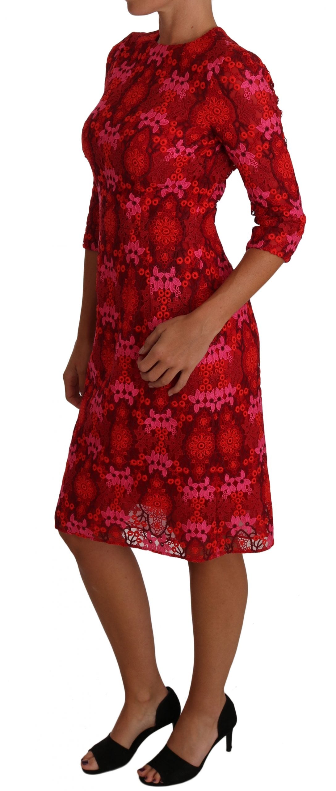 A red floral lace sheath dress with crochet detailing from Dolce & Gabbana