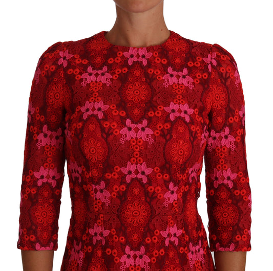 A red pink sheath dress with floral crochet lace detailing
