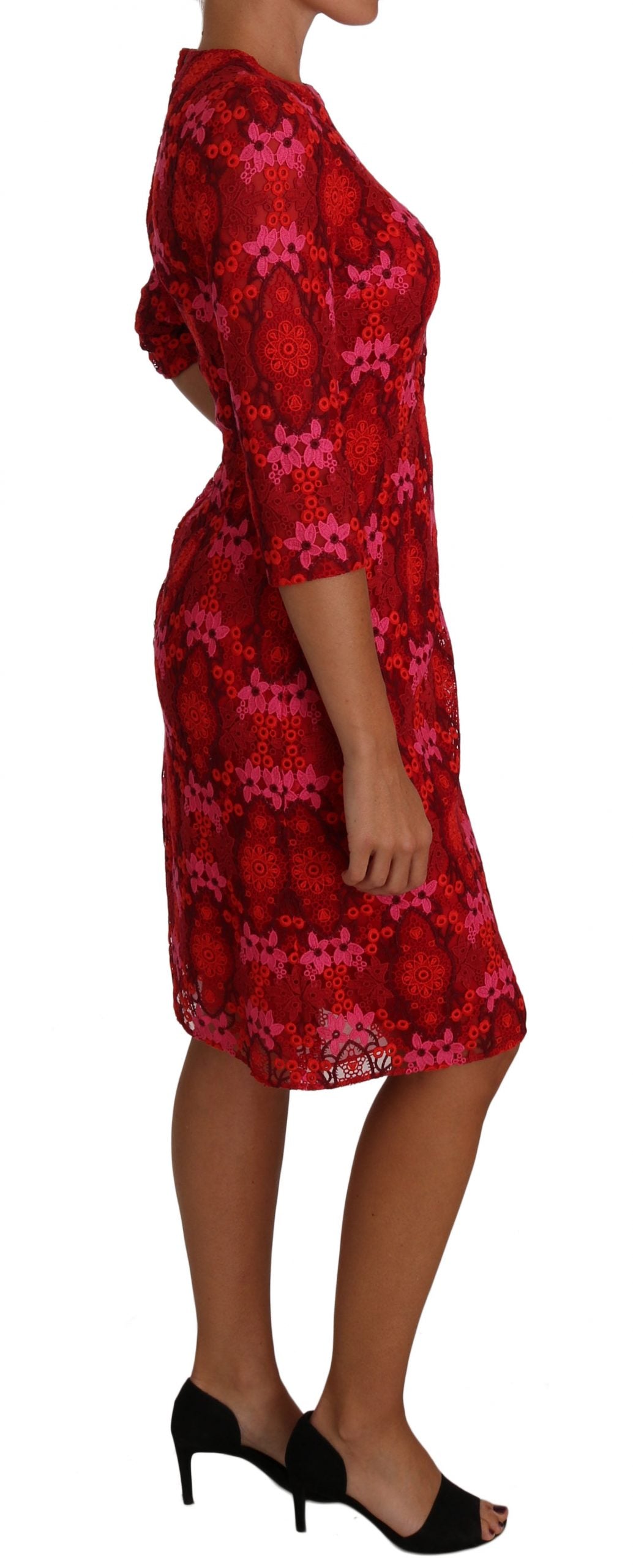 A red floral lace sheath dress with crochet detailing from Dolce & Gabbana