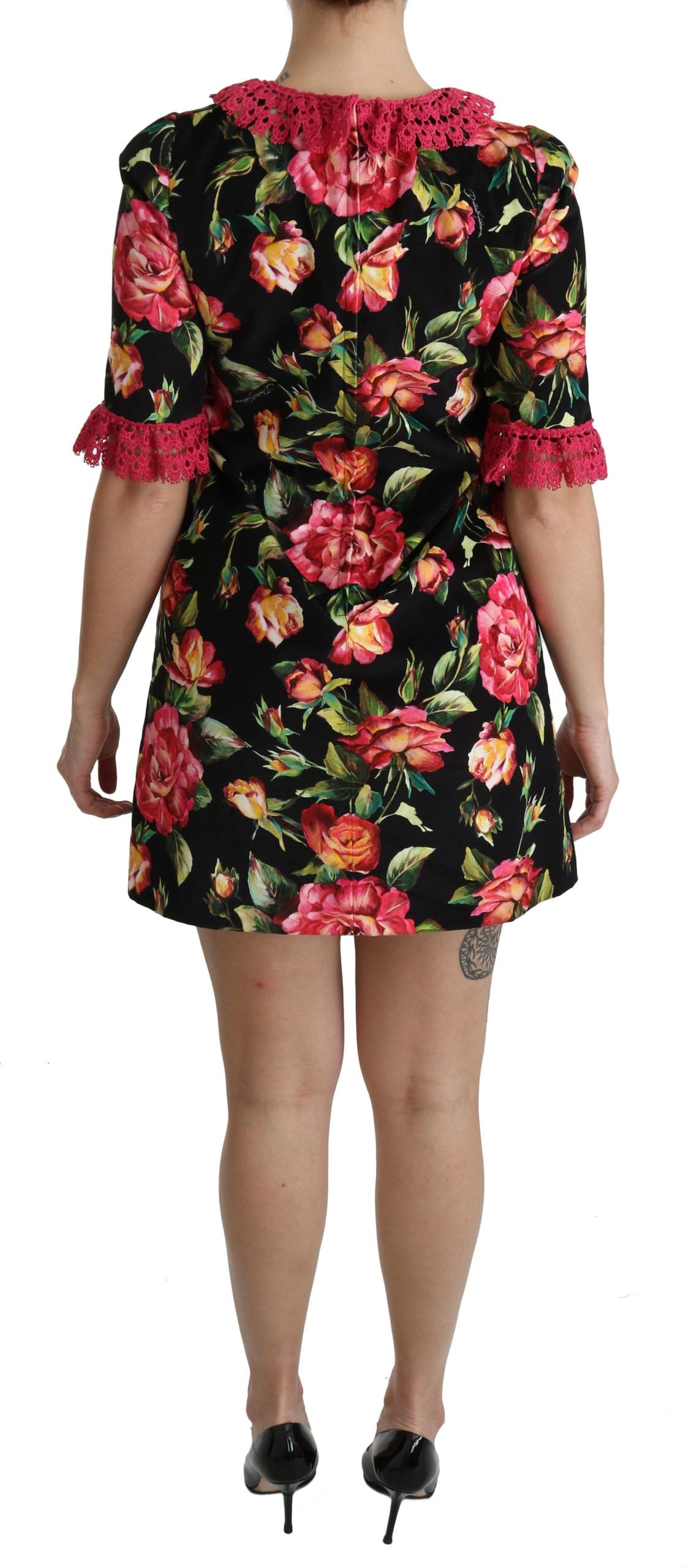 Black and pink floral lace dress with ruffled sleeves