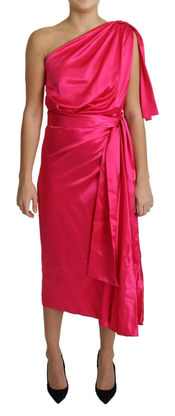 Red strapless dress with ruffles on side