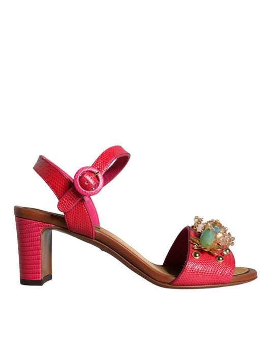 Red high heel sandal with pink strap and embellishment on toe