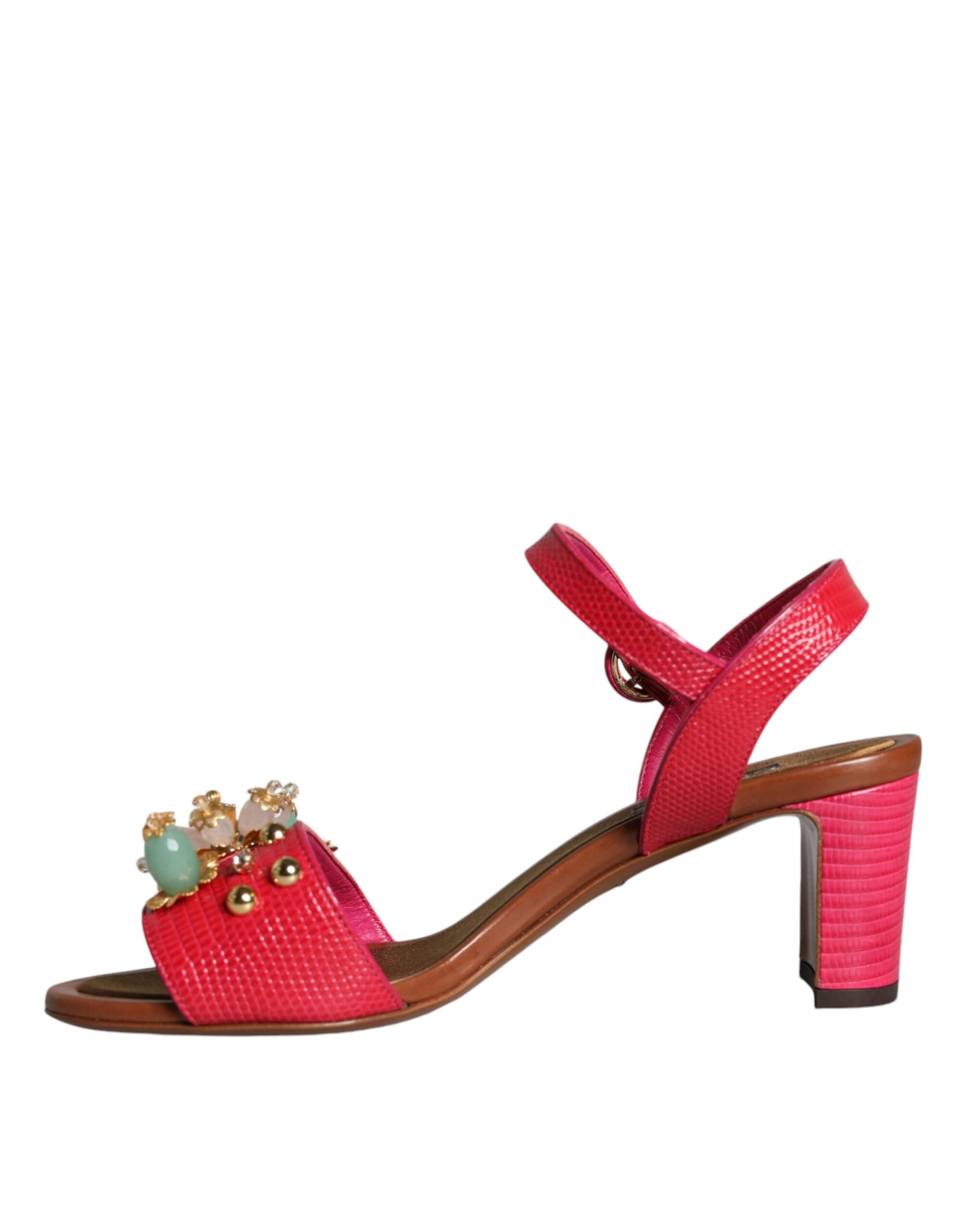 Red strappy sandal with embellishments on heel