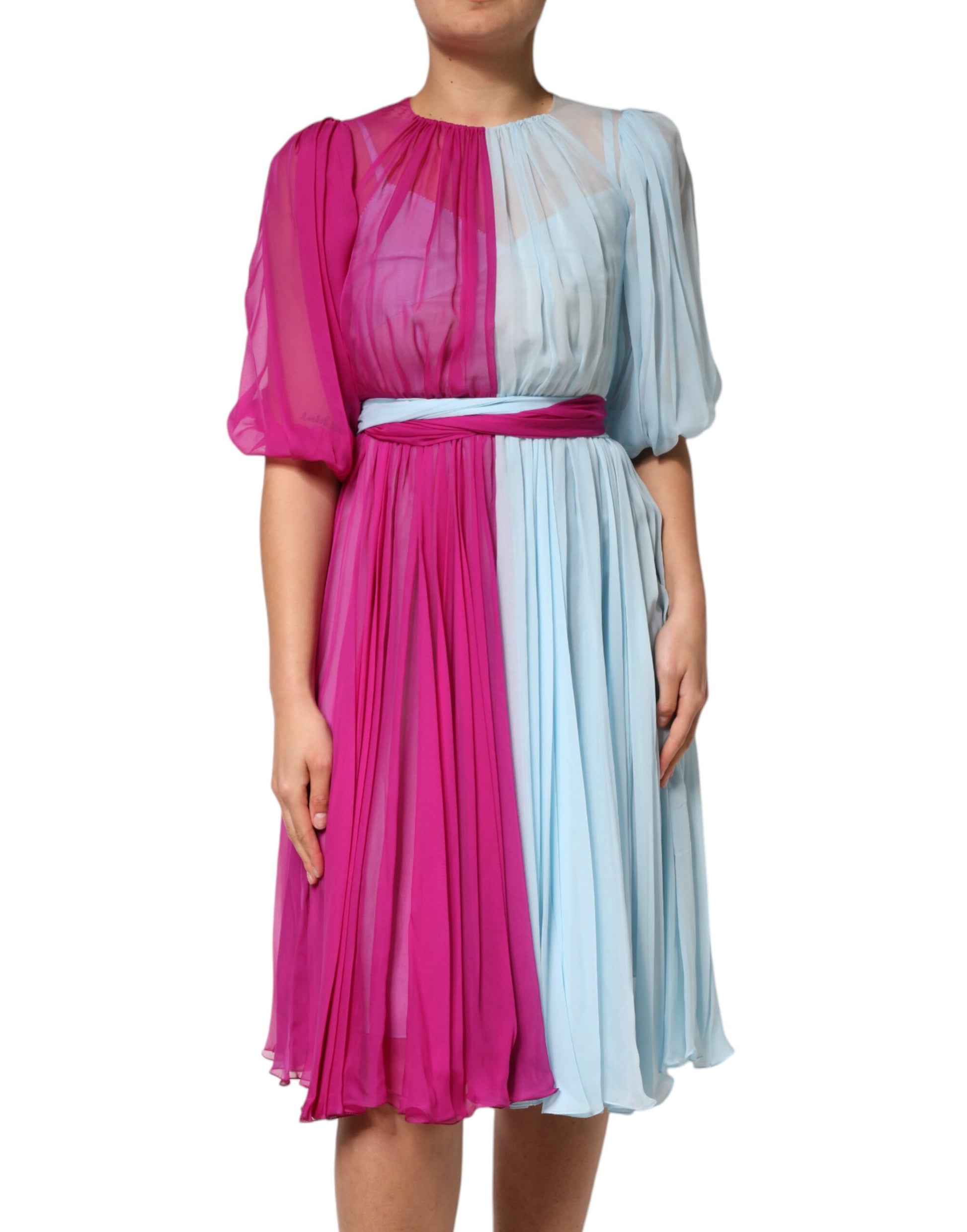 A fuchsia light blue silk two tone midi dress with ruffles