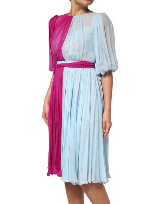 A fuchsia light blue silk two tone midi dress with ruffles