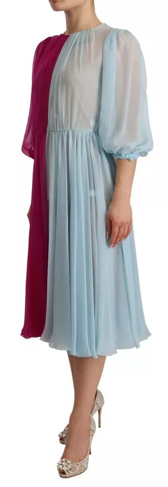 A fuchsia light blue silk two tone midi dress with ruffled sleeves and hem