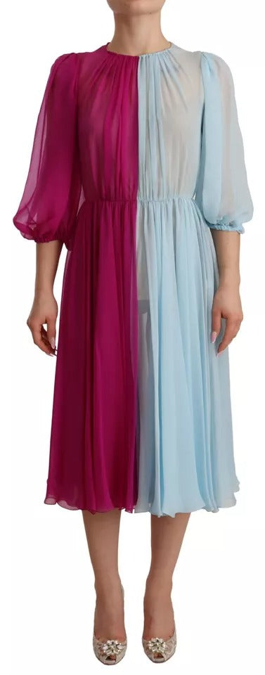 A fuchsia light blue silk two tone midi dress with ruffled sleeves