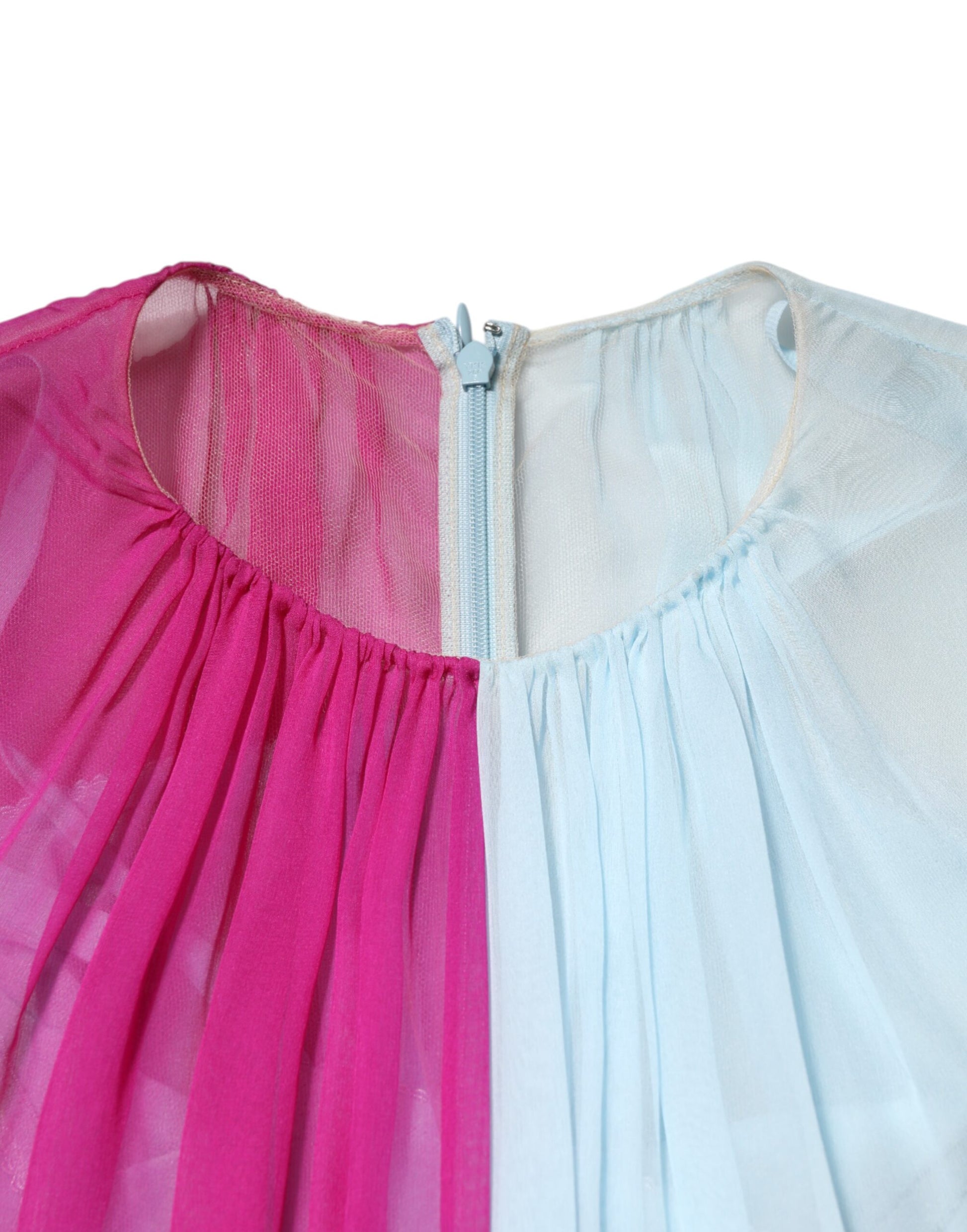 A two-tone midi dress with a pink and light blue silk fabric