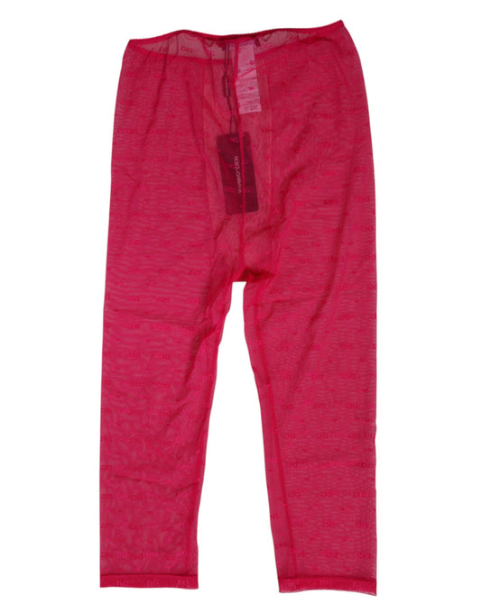 Red fleece pants with a tag on the waistband