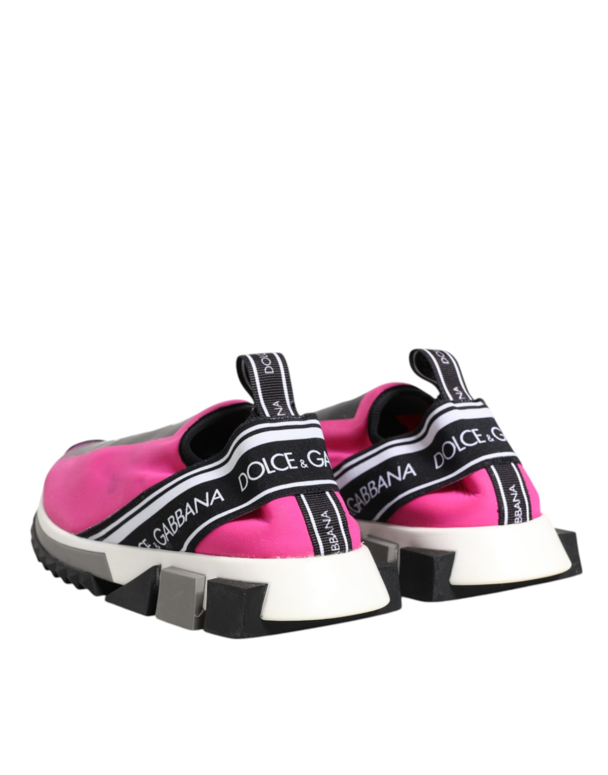 Pink sandals with black straps and white soles
