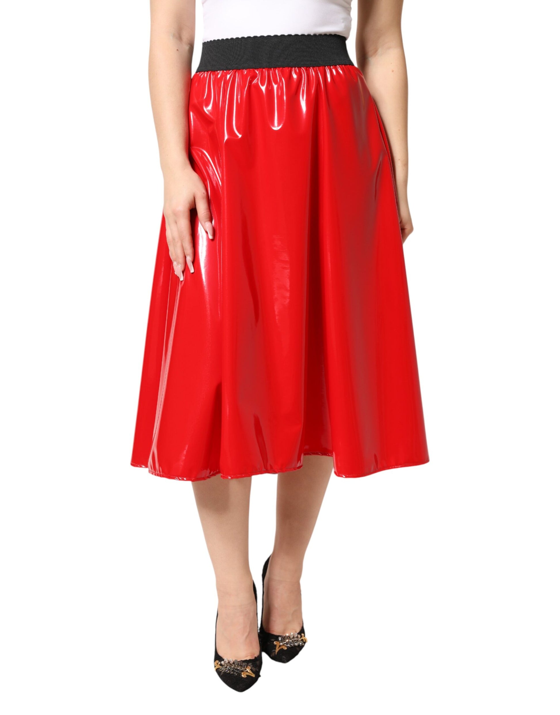 Red pleated skirt worn by a woman