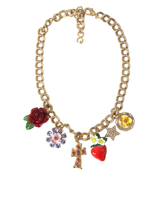 Gold necklace with floral charms and cross pendant