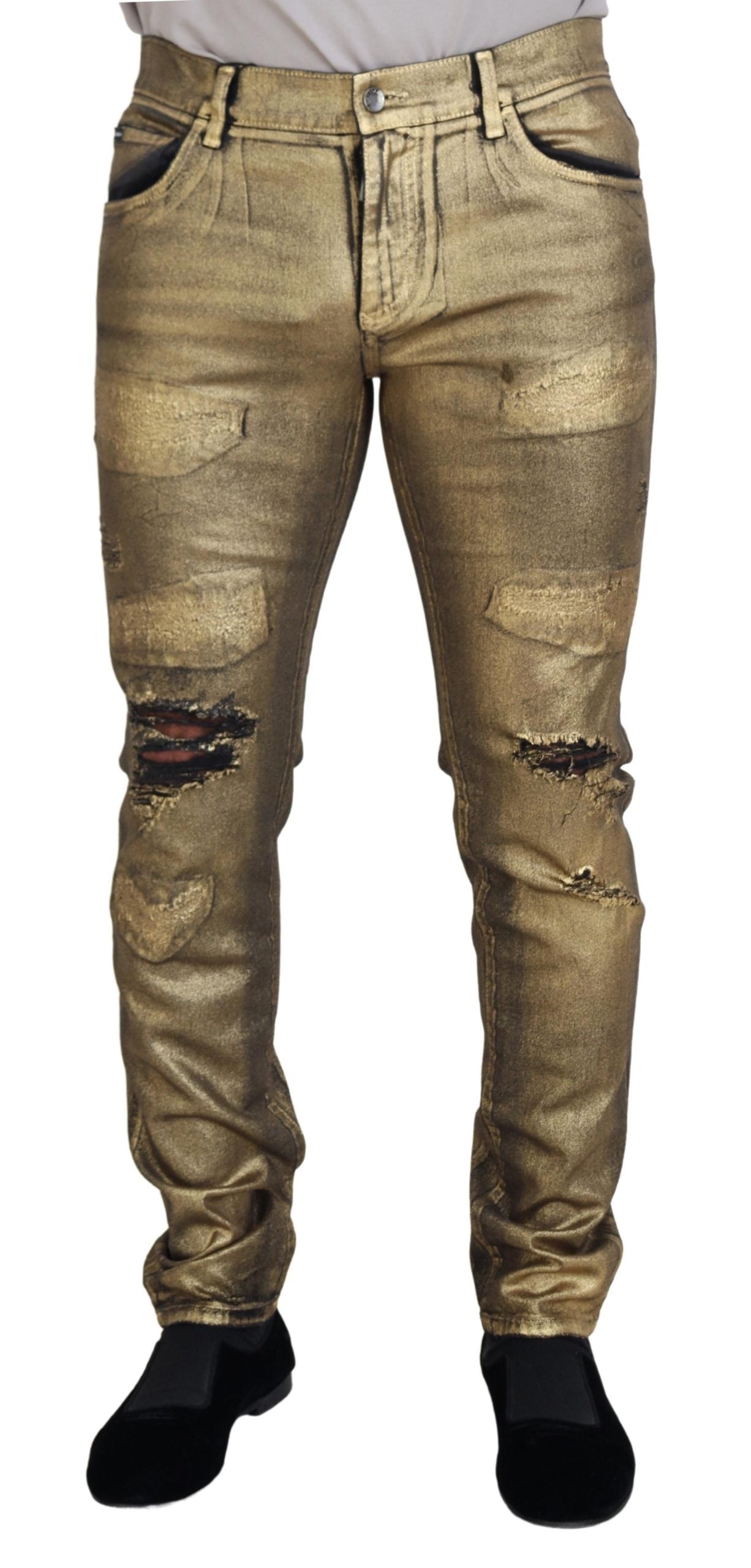 Gold distressed jeans on a mannequin