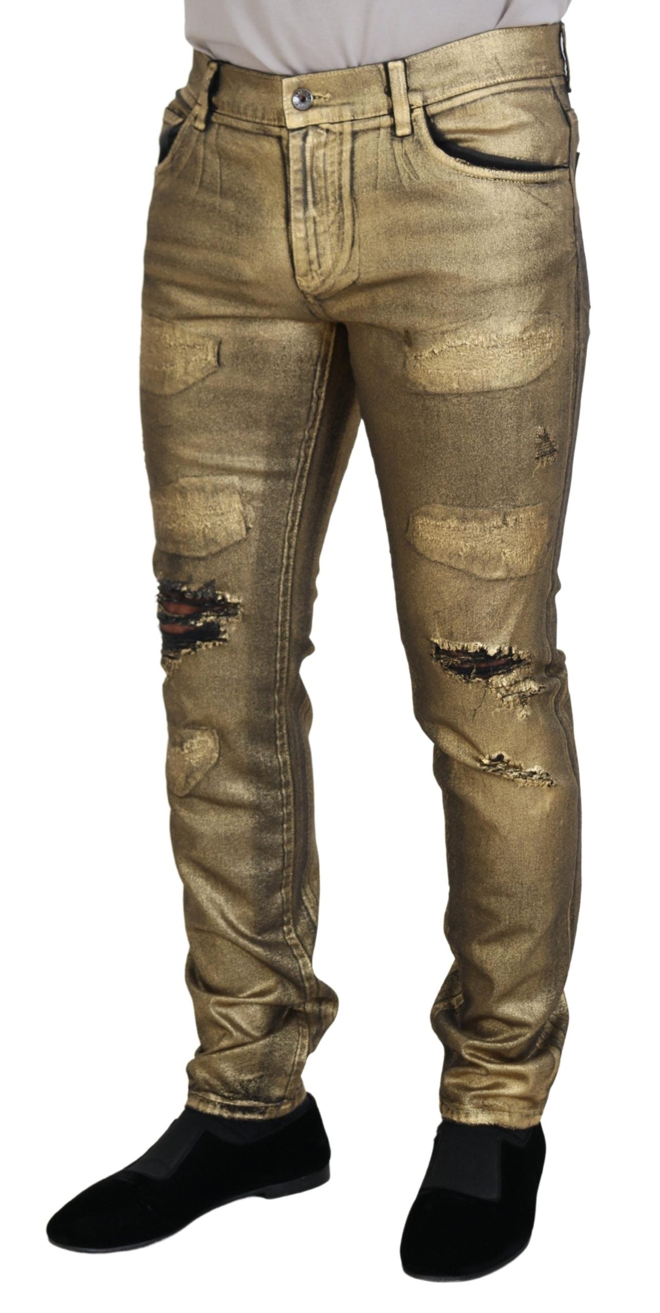 Gold pants with distressed design