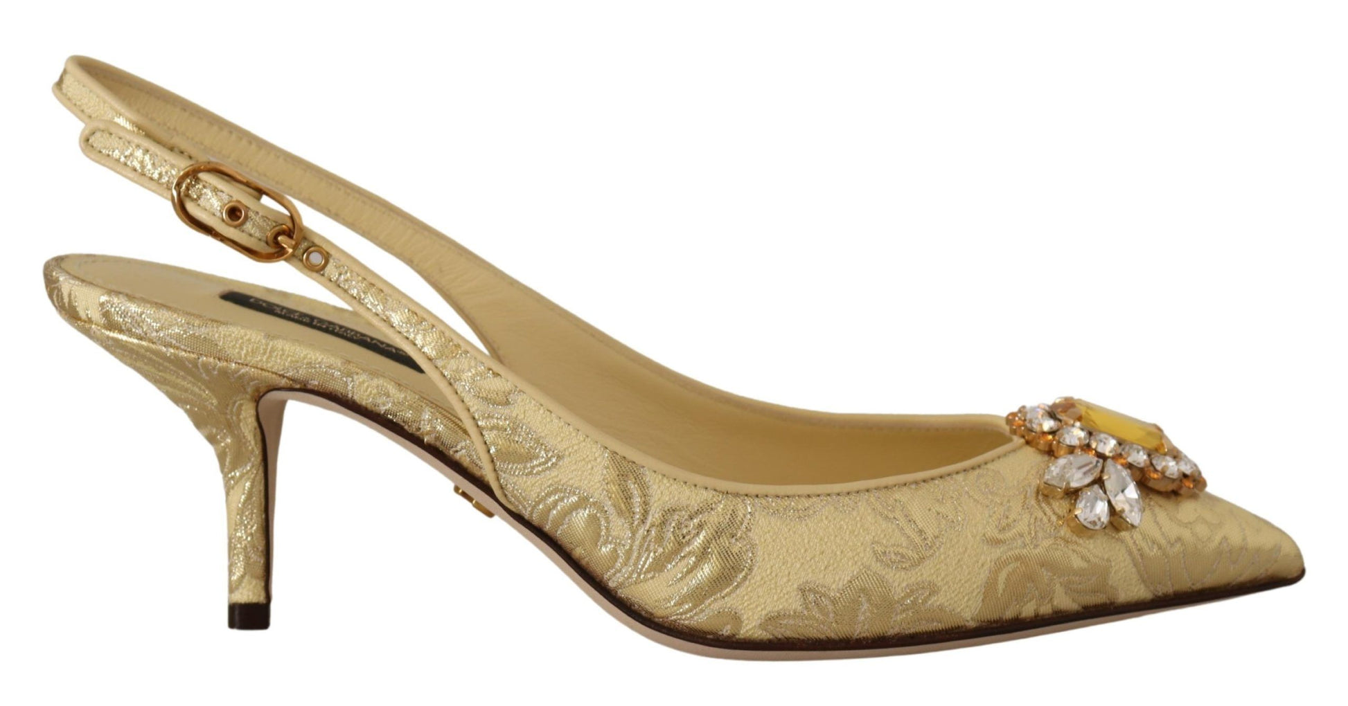 Gold high heel shoe with embellishments and a strap over the toe