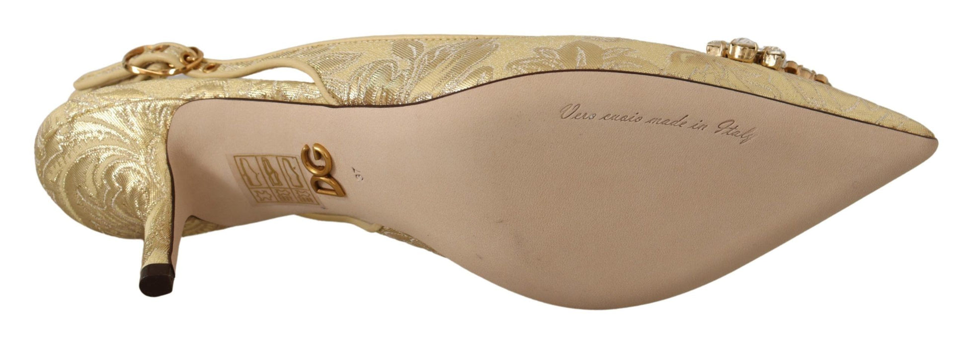 Gold embroidery on tan shoe