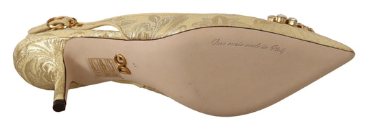Gold embroidery on tan shoe