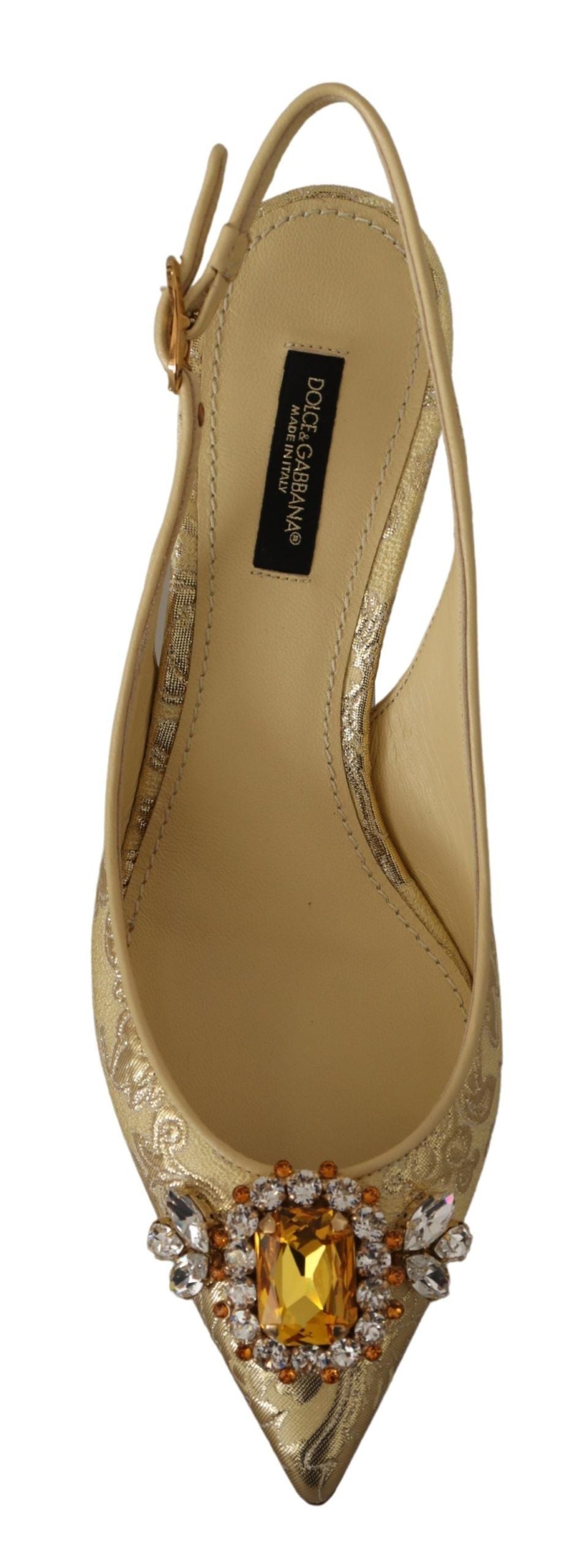 Gold high heel shoe with embellishments on toe and ankle