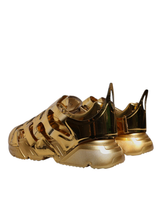 Gold sneakers on white background