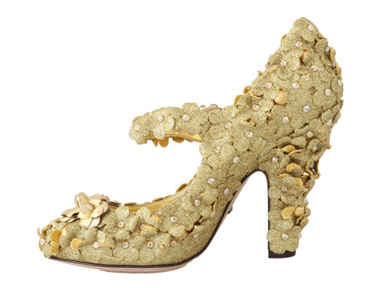 Gold glittery high heel shoe with rhinestones and sequins on top