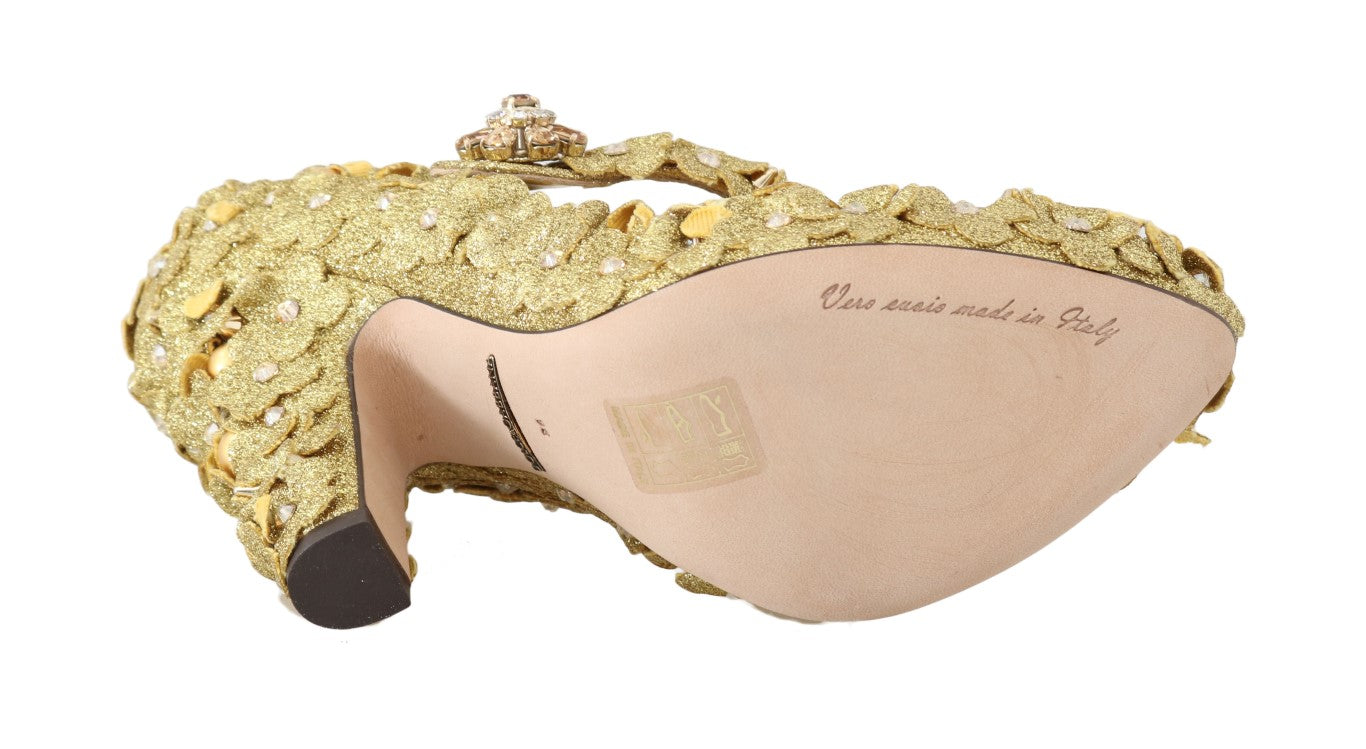 Gold glittery high heel shoe with a pink sole and toe cap