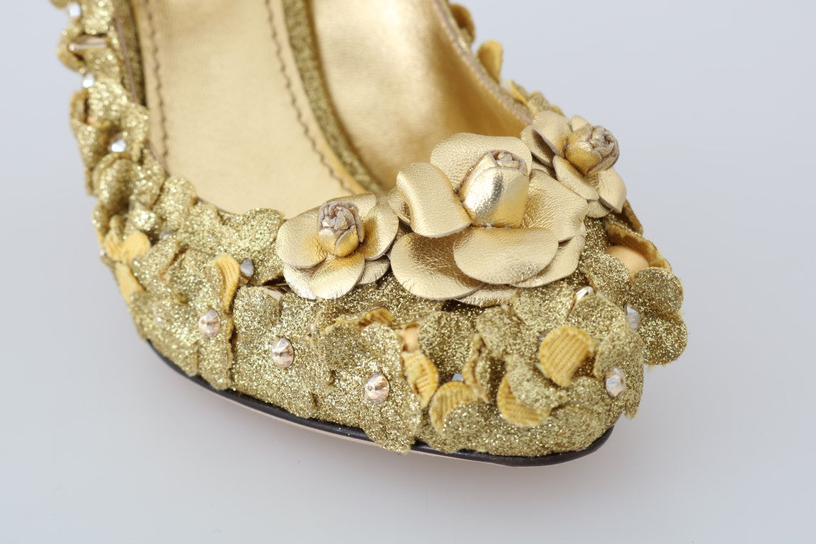 Gold glittery shoe with floral embellishments and rhinestones
