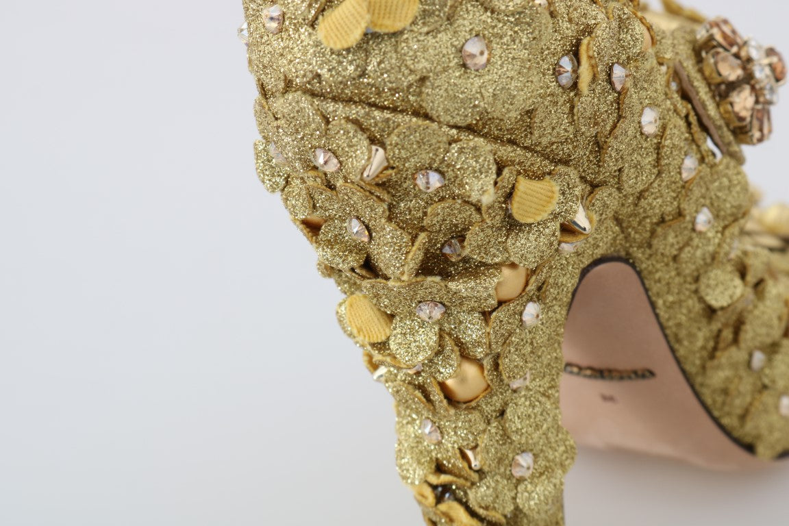 Gold glittery high heel shoe with rhinestones and sequins