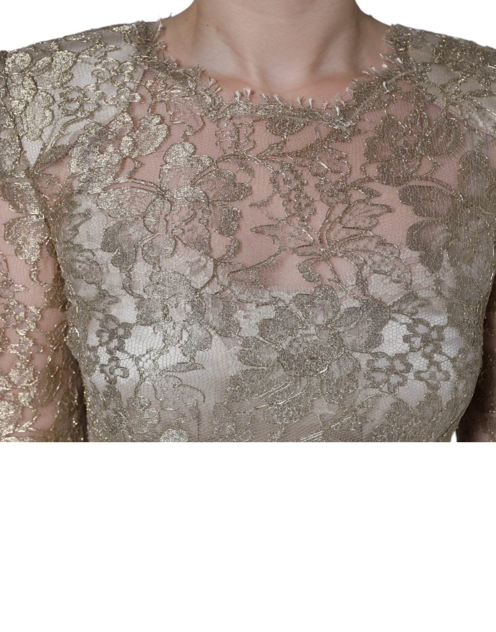 Gold floral lace sheath dress with A-line silhouette, featuring intricate embroidery and beading