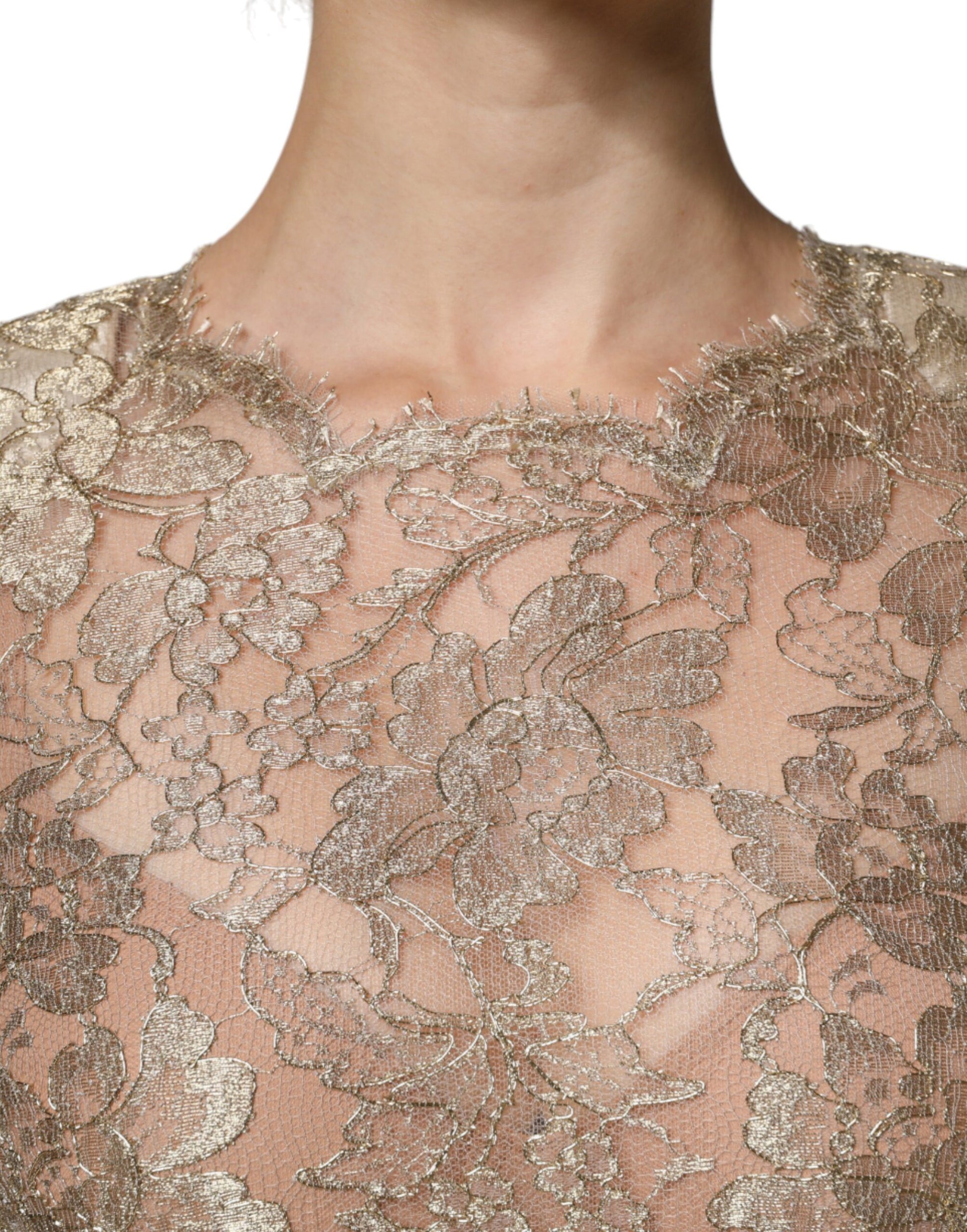 A gold floral lace sheath dress with a V-neck and short sleeves