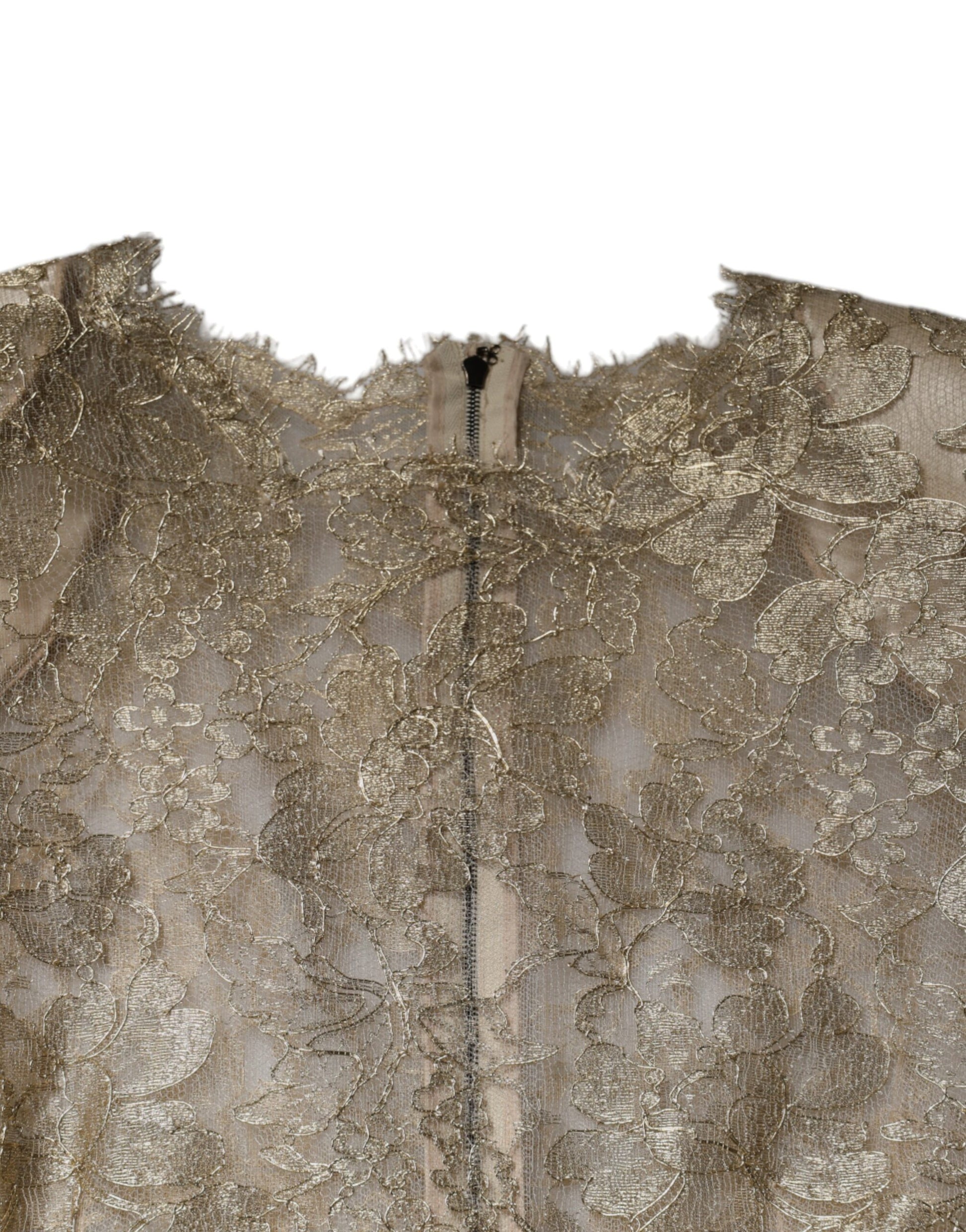Gold floral lace sheath dress with A-line silhouette and long sleeves