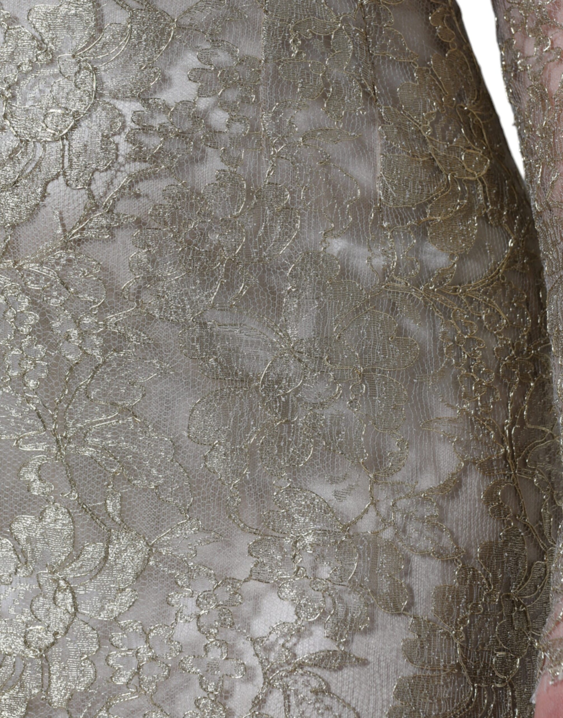 A gold floral lace sheath dress with an A-line silhouette