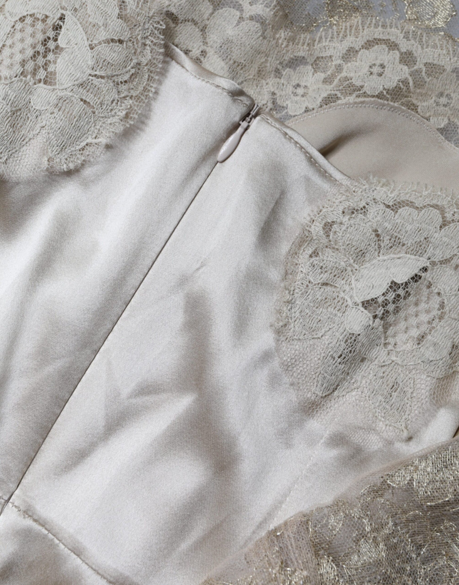 White lace dress with gold floral pattern, A-line silhouette
