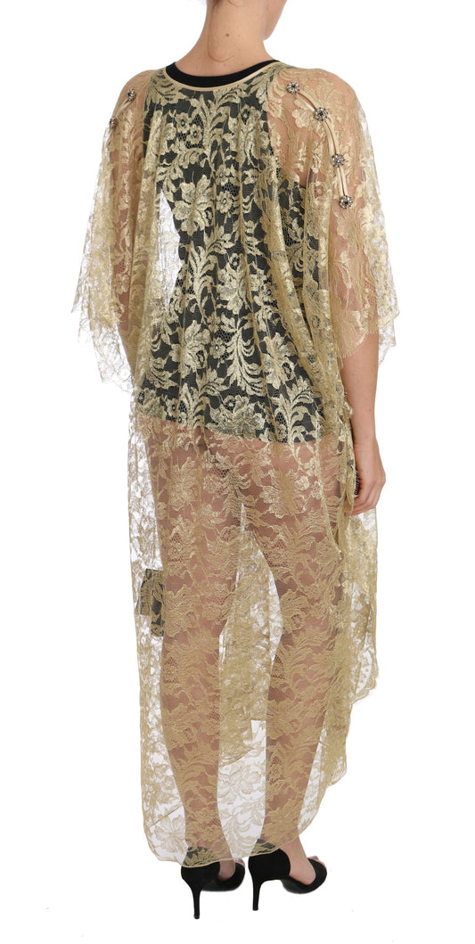 A gold floral lace crystal dress with a cape and matching pants