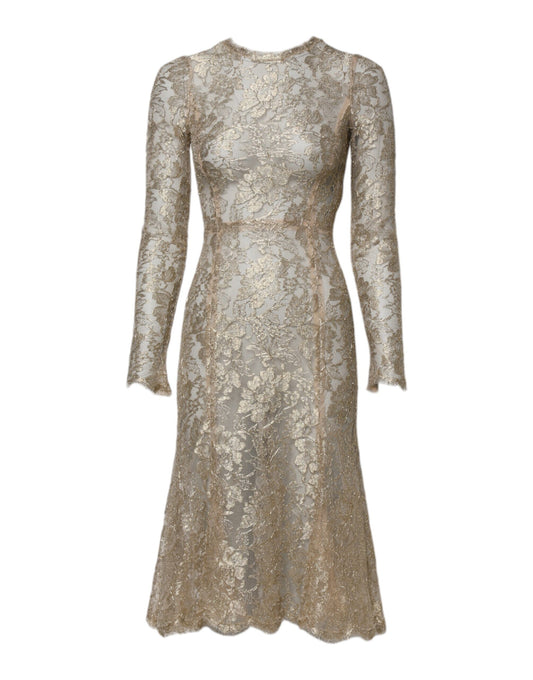 A long sleeve, gold floral lace dress with a fit and flare silhouette