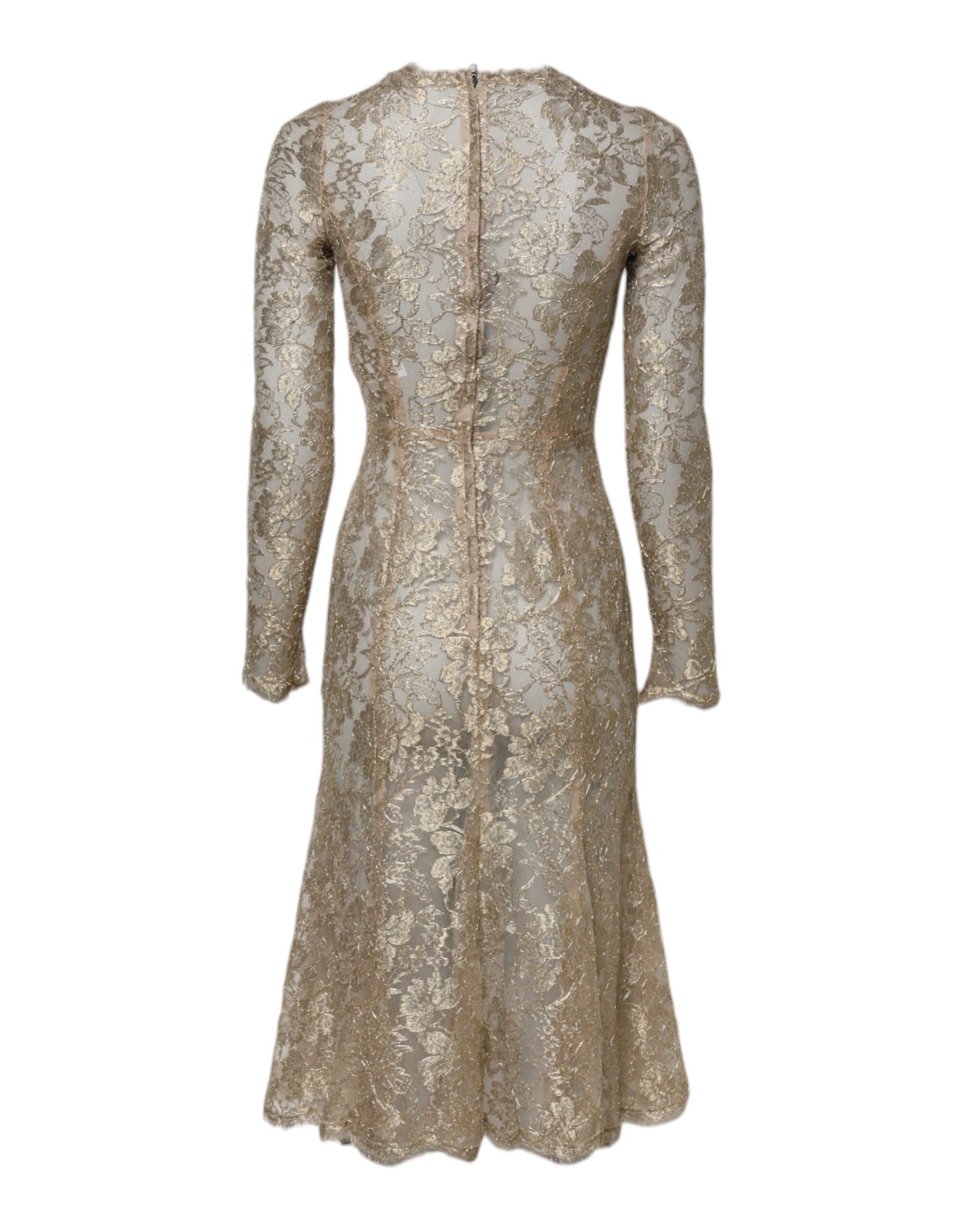 A long sleeve, gold floral lace dress with a fit and flare silhouette