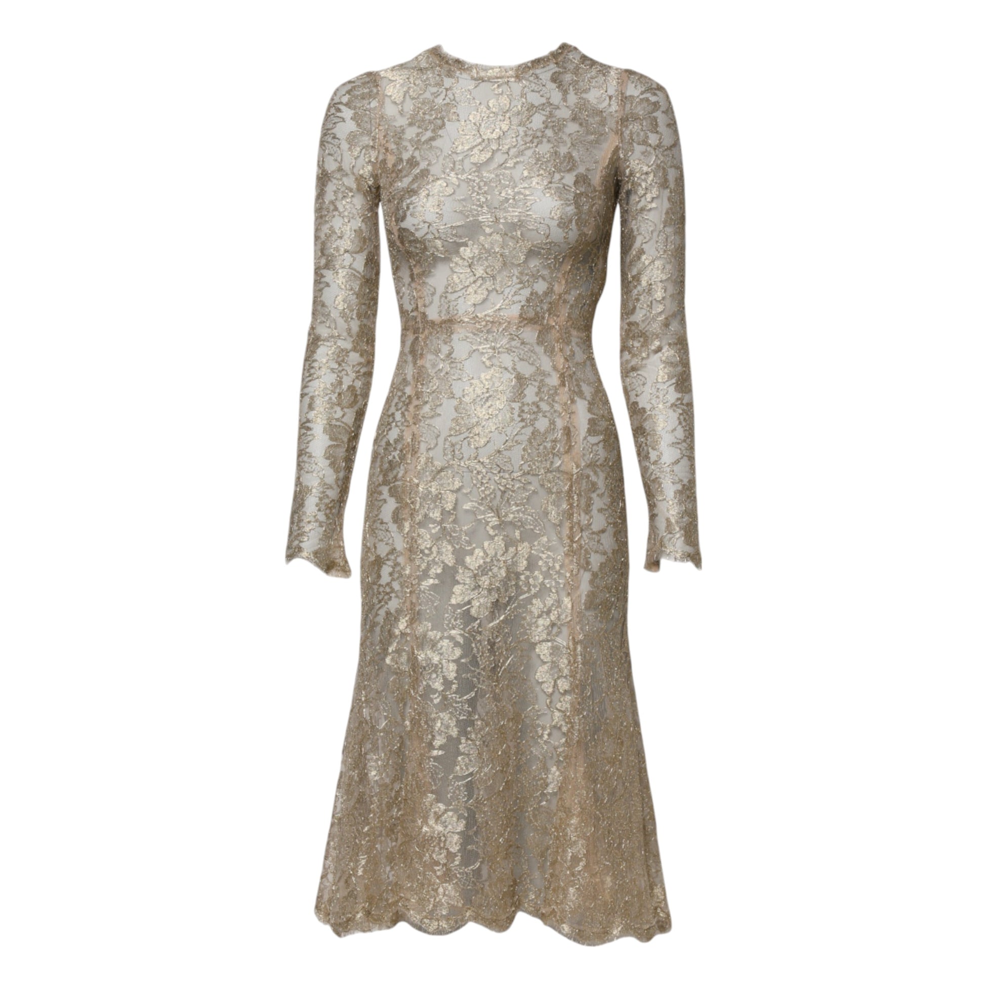 A long sleeve, gold floral lace dress with a fit and flare silhouette