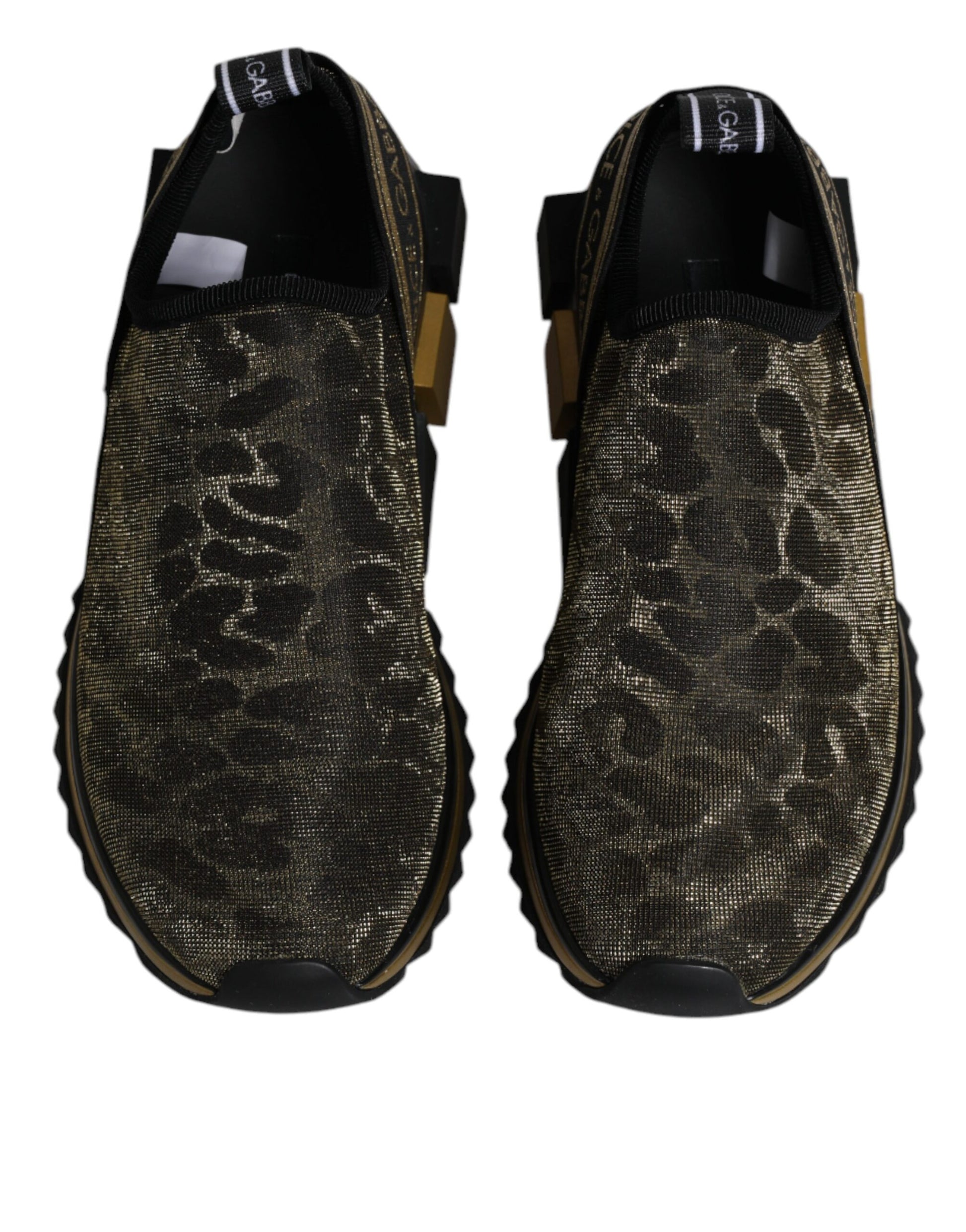 Pair of glittery gold leopard print sneakers with black laces