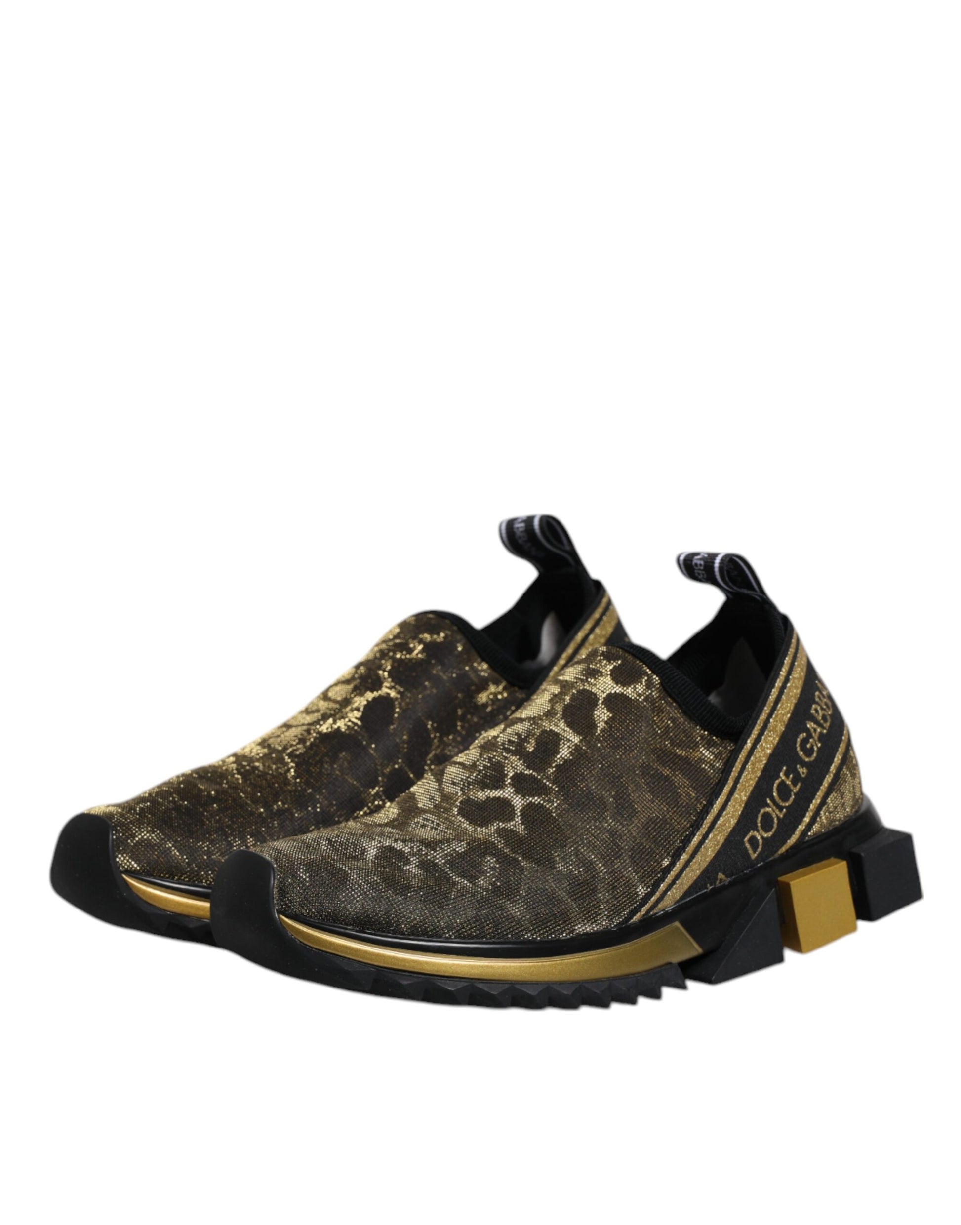 Gold glitter leopard print sneakers with black laces and a white sole
