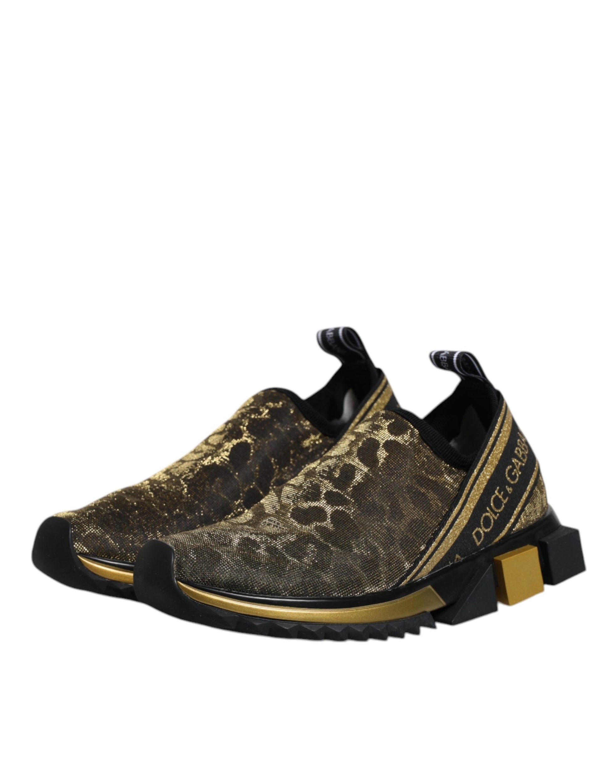 Gold and black sneakers with a patterned design